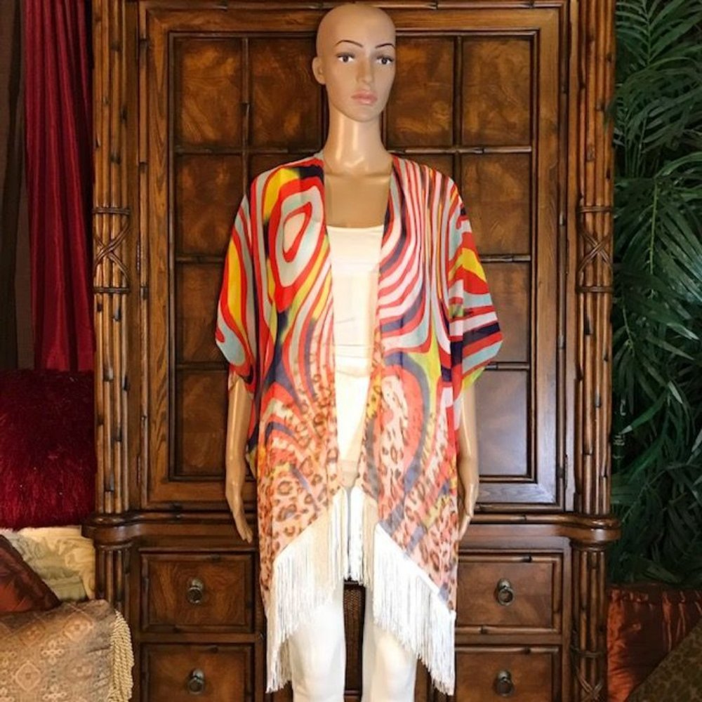 Chiffon Fringe Psychodelic Animal Kimono